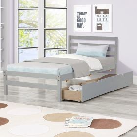 Betterhood Twin Platform Bed Frame with 2 Storage Drawers;  Wood Twin Bed Frames for Kids Toddler Girls Boys;  10 Slats Support;  No Box Spring Needed (Color: Grey)