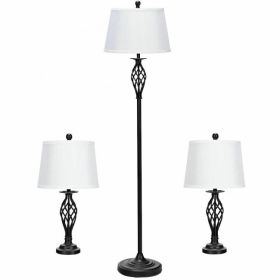 2 Table Lamps 1 Floor Lamp Set with Fabric Shades (Color: as show)