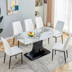 Faux Marble Dining Table Set with Convertible Base, Luxury Rectangular Kitchen Table for 6-8, Modern Black Faux Marble Dining Room Table with MDF Base (Color: White, Material: MDF+glass)