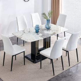 7-Piece Faux Marble Dining Table Set, Glass Rectangular Kitchen Table for 6-8, Modern Black Faux Marble Dining Room Table with MDF Base (Color: White, Material: MDF+glass)