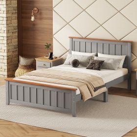 Full Size Wood Platform Bed Wooden Slat Support, Vintage Simple Bed Frame with Rectangular Headboard and Footboard (Color: Grey)