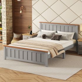 Queen Size Wood Platform Bed Wooden Slat Support, Vintage Simple Bed Frame with Rectangular Headboard and Footboard (Color: Grey)